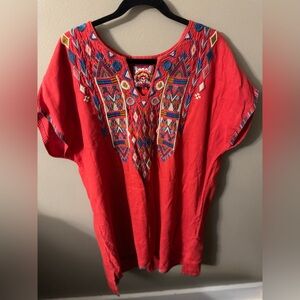 Johnny Was Peta Easy Tunic Dress Red Embroidered Linen XL
